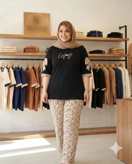 ست تیشرت شلوار لانگ نخ پنبه گلدوزی شده طرح پاپیون زنانه