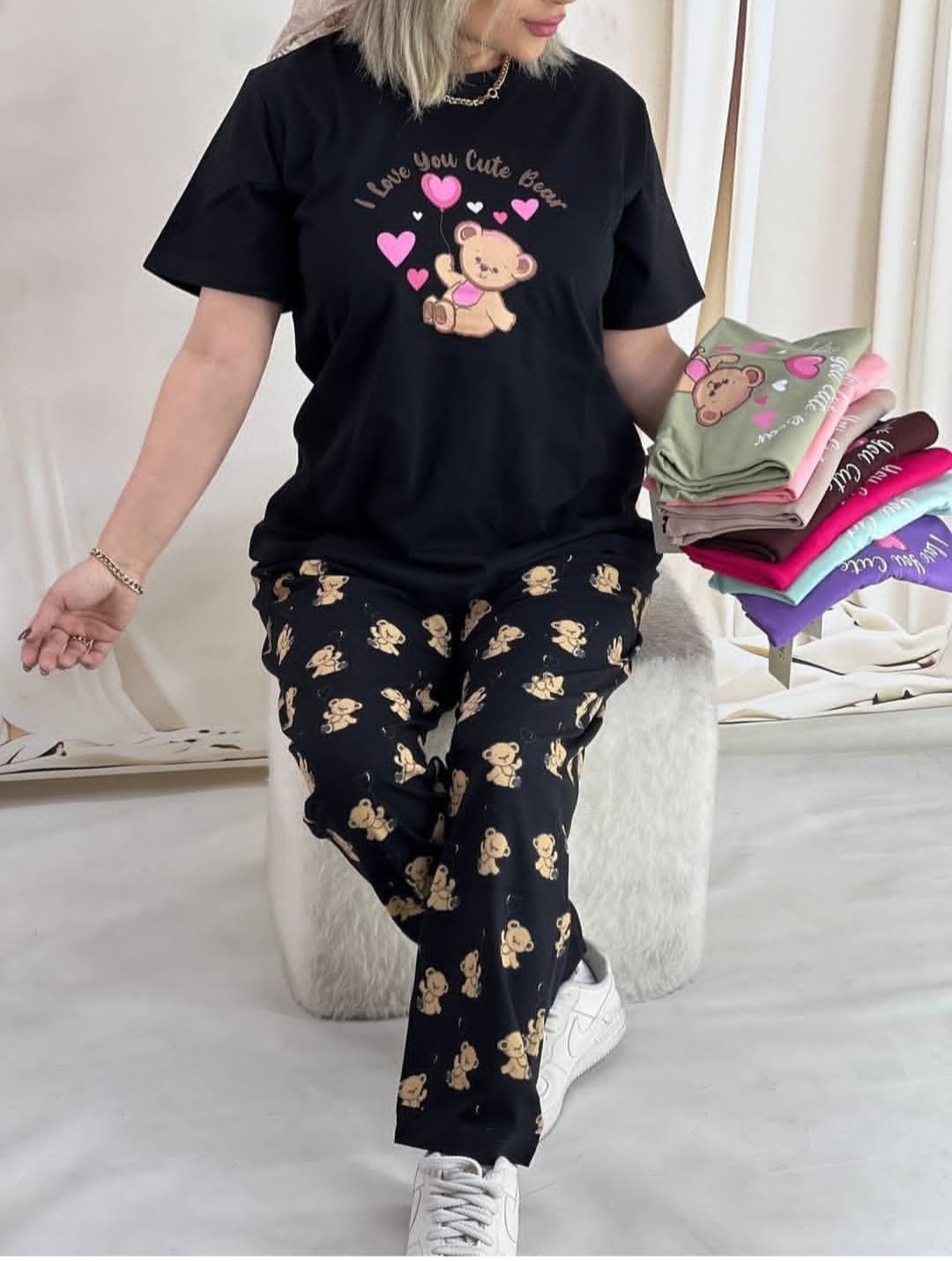 ست تیشرت شلوار خرسی قلبی